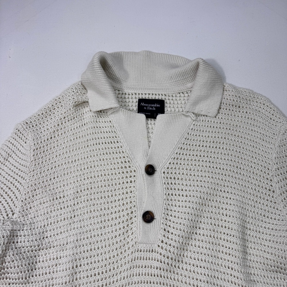 Abercrombie & Fitch Mens XS Cream Cotton Crochet Knit Short Sleeve Polo Resort